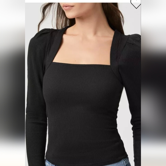 Long Sleeve Sibyl Top In Black Rib Knit With Puff Sleeves Size M - Picture 4 of 16